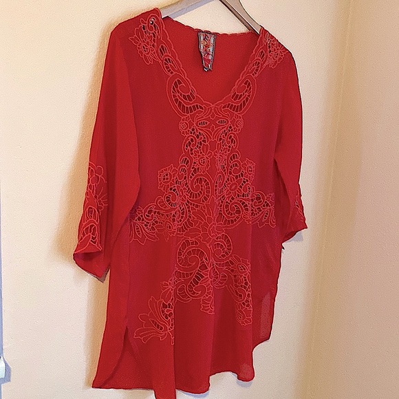 Johnny Was Arlene embroidered boho Appliqué long sleeve tunic top red Medium - Picture 5 of 10